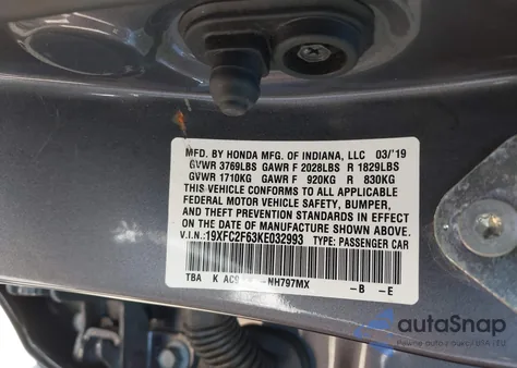 2019 Honda Civic Lx from USA, damaged, VIN 19XFC2F63KE032993